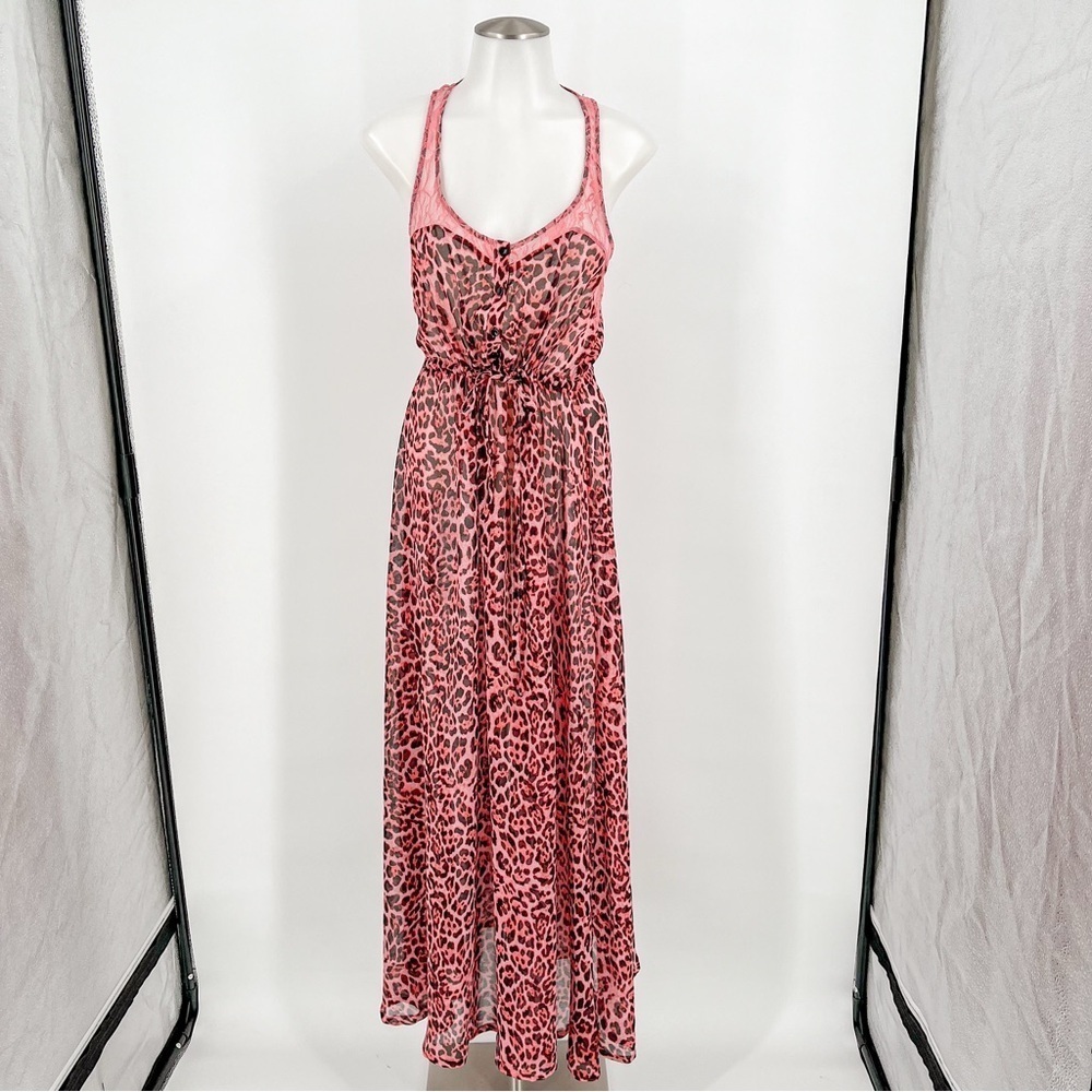 Forever 21 sheer pink leopard maxi dress w/ lace draw string waist
